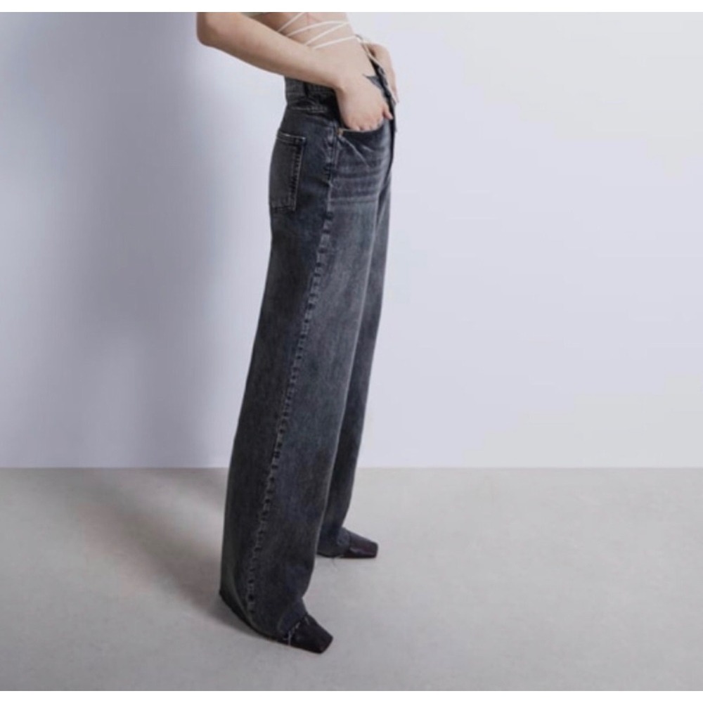 Zara The 90's Full Length Jeans‎ High Rise Wide Leg Jety Black Tall 33" Size 4